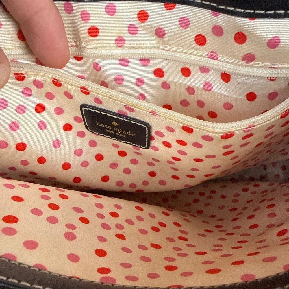 Kate Spade Tote Bag Womens Med Black Classic Leather Polka Dot Lining Stitching